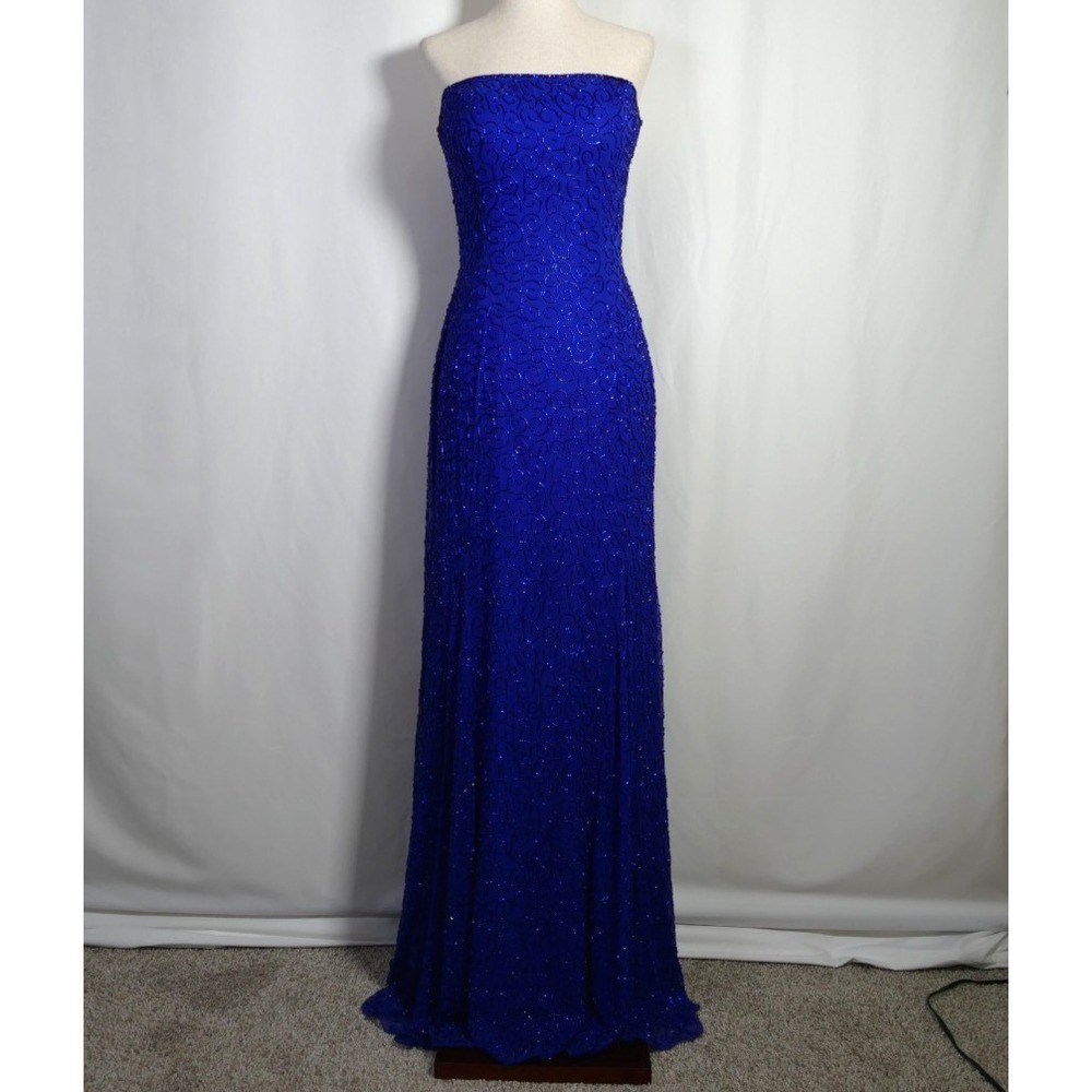 VTG Cache Y2K Strapless Beaded Silk Maxi Prom Dress Size M 90s Cocktail Fairy
